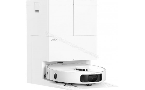MOVA E50 Ultra Blanc - Vue de 3/4 gauche sur la station de chargement