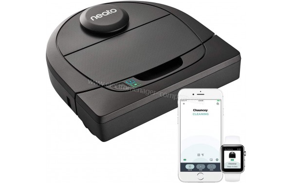 NEATO Botvac D402 Connected - Vue 3/4 gauche avec commande mobile