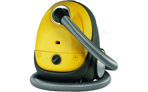 NILFISK One Yellow - Vue 3/4 droite, position parking verticale