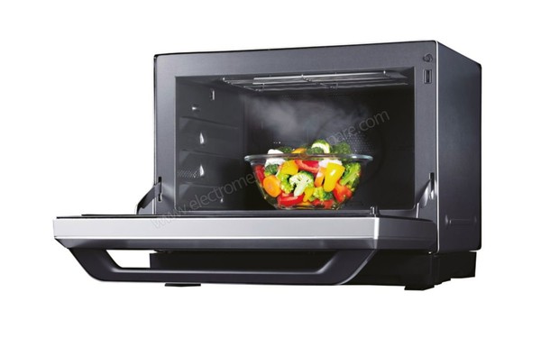PANASONIC NN-CS894SEPG - Vue 3/4 droite porte ouverte  (cr&eacute;dit : Boulanger)