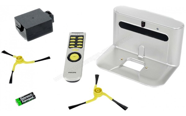 PHILIPS FC9910/01 - Base de charge / T&eacute;l&eacute;commande / Brosses lat&eacute;rales /  (cr&eacute;dit : Darty)