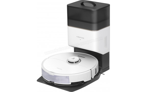 ROBOROCK S8+ Blanc - Vue 3/4 droite sur la base de chargement (cr&eacute;dit : Boulanger)
