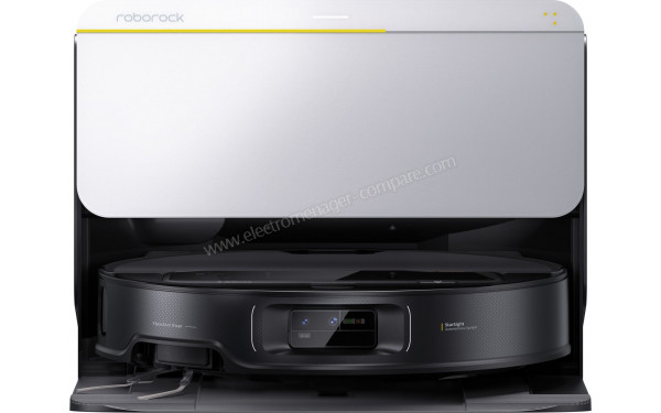 ROBOROCK Saros Z70 R&D Argent - Vue de face sur la station de chargement