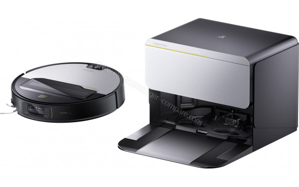 ROBOROCK Saros Z70 R&D Argent - Vue de 3/4 droite avec la station de chargement