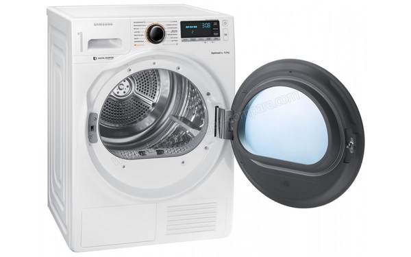 SAMSUNG DV90M8204AW - Vue 3/4 gauche avec hublot ouvert