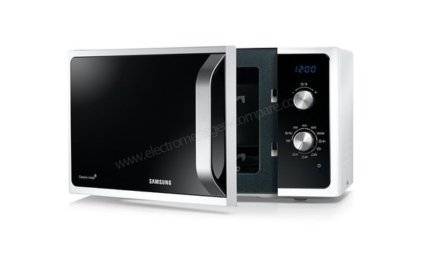 SAMSUNG MG23F301EAW/EN - Vue 3/4 droite, porte ouverte