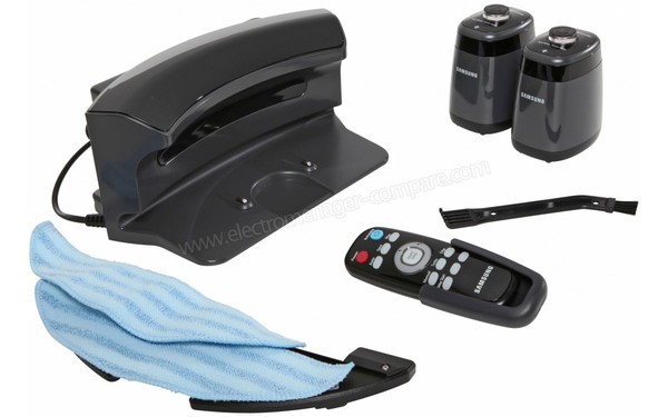 SAMSUNG SR8895 - Base de charge / Murs virutels / T&eacute;l&eacute;commande / Lingette micro-fibres / Brosse de nettoyage (cr&eacute;dit : Boulanger)