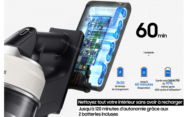 SAMSUNG VS80F28EFP - Autonomie jusqu'&agrave; 60 minutes