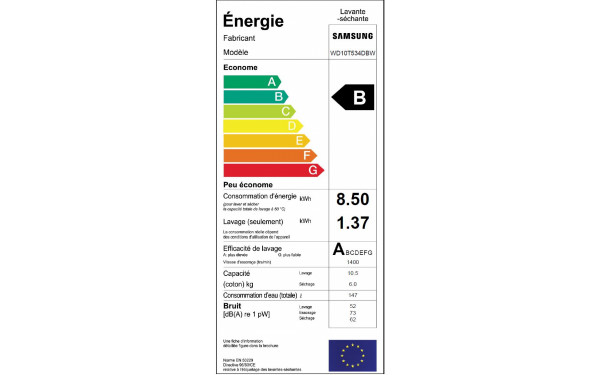 SAMSUNG WD10T534DBW - &Eacute;tiquette &eacute;nergie