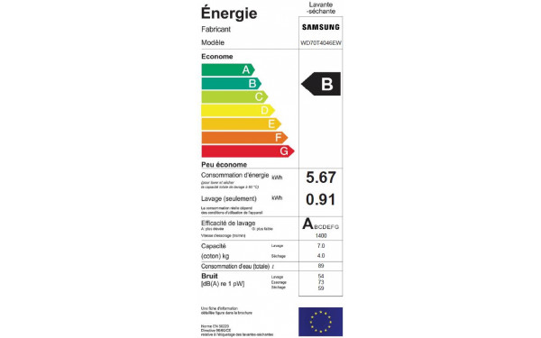 SAMSUNG WD70T4046EW - &Eacute;tiquette &eacute;nergie