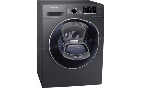SAMSUNG WD80K5410OX - Vue 3/4 gauche avec Add Wash ouvert (cr&eacute;dit : Boulanger)