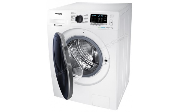 SAMSUNG WD80K5B10OW - Vue 3/4 gauche avec hublot ouvert (cr&eacute;dit : Darty)