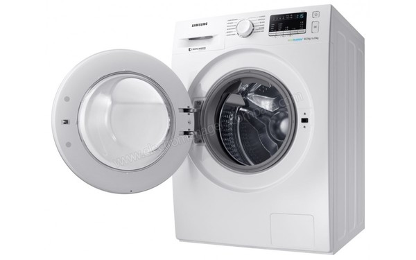 SAMSUNG WD80M4B53IW - Vue 3/4 droite avec hublot ouvert (cr&eacute;dit : Boulanger)