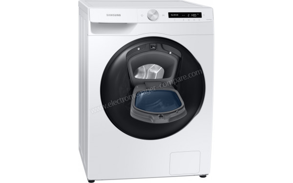 SAMSUNG WD80T554DBW - Vue 3/4 gauche avec porte AddWash ouverte