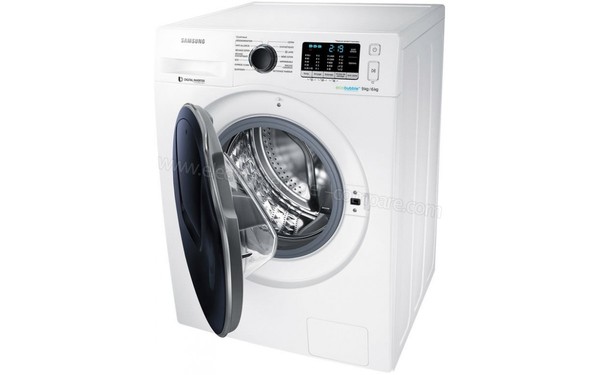 SAMSUNG WD90K5410OW - Vue 3/4 droite hublot ouvert (cr&eacute;dit : Darty)