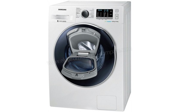 SAMSUNG WD90K5B10OW - Vue 3/4 droite AddWash ouvert (cr&eacute;dit : Darty)