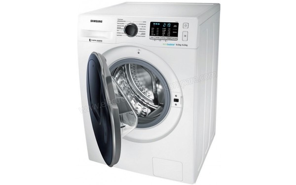 SAMSUNG WD90K5B10OW - Vue 3/4 droite hublot ouvert (cr&eacute;dit : Darty)