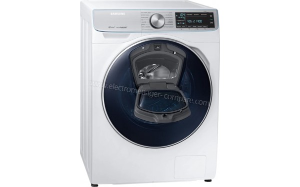 SAMSUNG WW90M74GN2A - Vue 3/4 gauche avec Add Wash ouvert