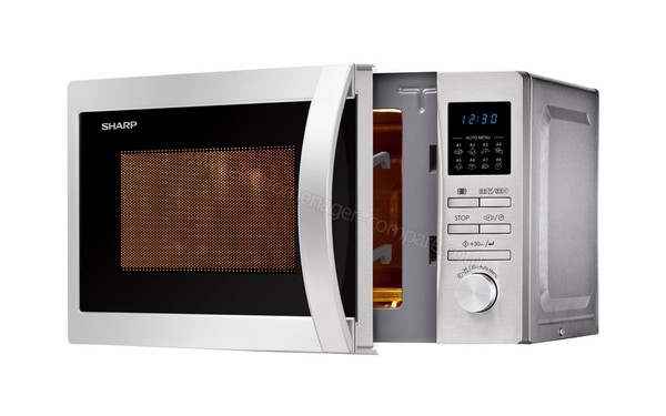 SHARP R-222STWE - Vue 3/4 droite, porte ouverte