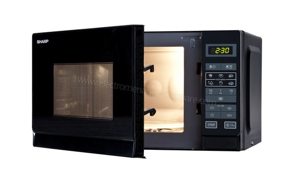 SHARP R-242BKW - Vue 3/4 droite, porte ouverte