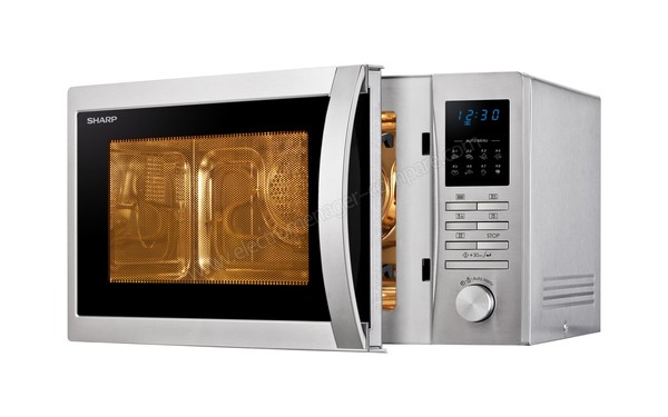 SHARP R-322STWE - Vue 3/4 droite, porte ouverte