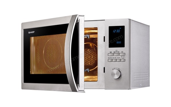 SHARP R-982STWE - Vue 3/4 droite, porte ouverte