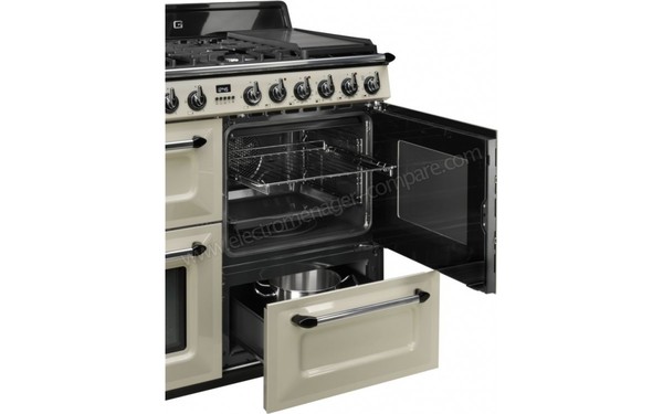 SMEG TR4110P1 - Vue 3/4 gauche, tiroir et porte four 3 ouverts (cr&eacute;dit : Boulanger)