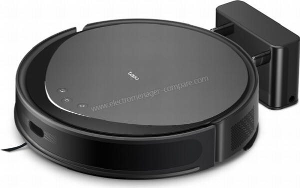 TP LINK Tapo RV20 Max Noir - Vue 3/4 droite avec socle de charge