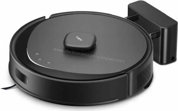 TP LINK Tapo RV30 Max Noir - Vue de 3/4 droite avec base de chargement