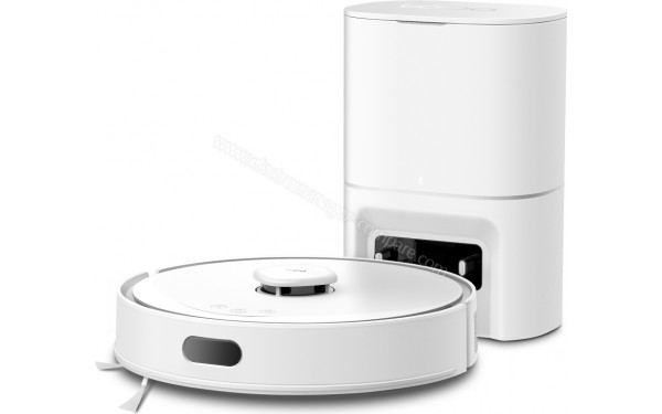 TP LINK Tapo RV30 Max Plus Blanc - Vue de 3/4 droite et station de chargement