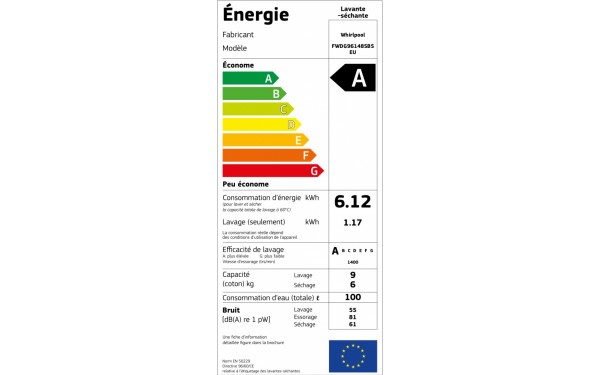 WHIRLPOOL FWDG96148SBSEU - &Eacute;tiquette &eacute;nergie