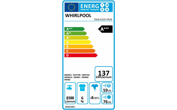 WHIRLPOOL TDLR6235FR/N - &Eacute;tiquette &eacute;nergie