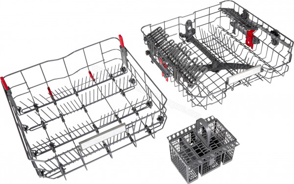 WHIRLPOOL WBO3T341PX - Vue du panier inf&eacute;rieur, sup&eacute;rieur et panier &agrave; couverts