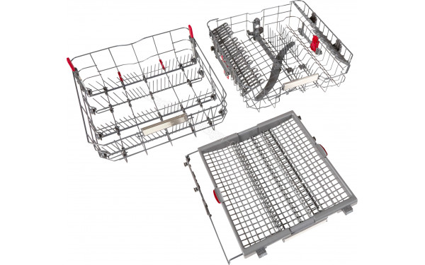 WHIRLPOOL WFO3O41PLX - Vue des paniers inf&eacute;rieurs, sup&eacute;rieurs et tiroir sup&eacute;rieur
