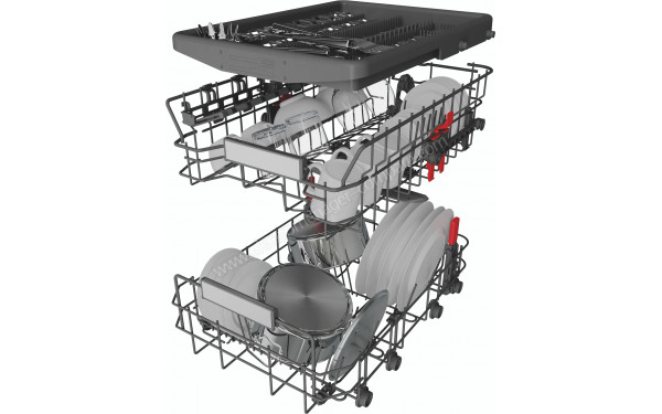 WHIRLPOOL WSIO3O34PFEX - Vue du panier inf&eacute;rieur, sup&eacute;rieur et tiroir sup&eacute;rieur