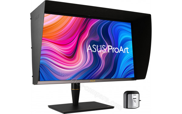 ASUS PA27UCX-K - Vue 3/4 gauche avec casquette et sonde d'&eacute;talonnage X-rite i1 Display Pro fournies