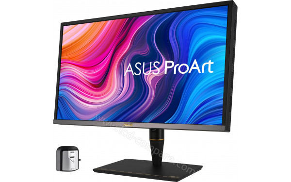 ASUS PA27UCX-K - Vue 3/4 droite avec sonde d'&eacute;talonnage X-rite i1 Display Pro fournie