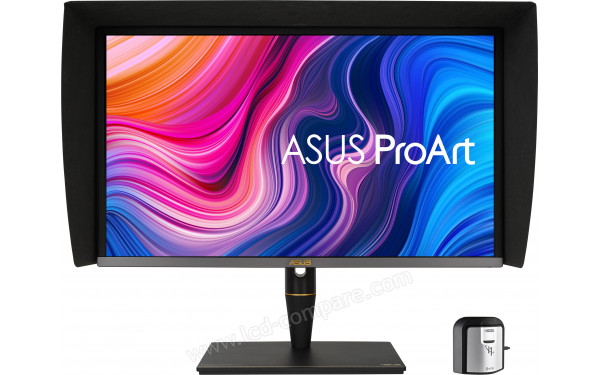 ASUS PA27UCX-K - Vue de face avec casquette et sonde d'&eacute;talonnage X-rite i1 Display Pro fournies