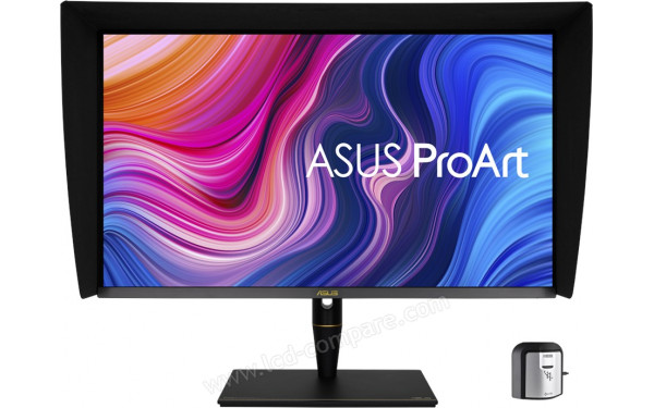 ASUS PA32UCX-K - Vue de face avec casquette et sonde de calibration fournies