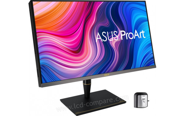 ASUS PA32UCX-K - Vue 3/4 gauche avec sonde de calibration fournie