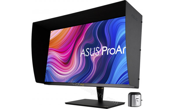 ASUS PA32UCX-PK - Vue 3/4 droite avec casquette et sonde de calibration fournies