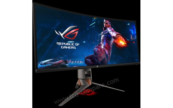ASUS PG349Q - Vue 3/4 gauche avec &eacute;clairage sur fond noir