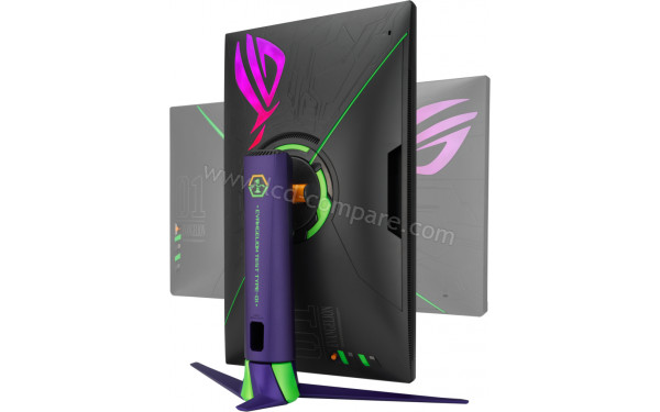 ASUS XG27AQM Eva Edition - Vue 3/4 arri&egrave;re en mode portrait