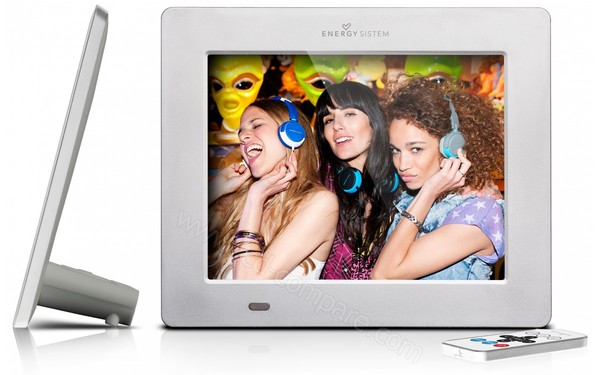 ENERGY SISTEM Photo Frame p7 Soft White - Vue de profil, vue de face et t&eacute;l&eacute;commande