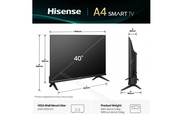 HISENSE 40E4QT - Vue 3/4 gauche