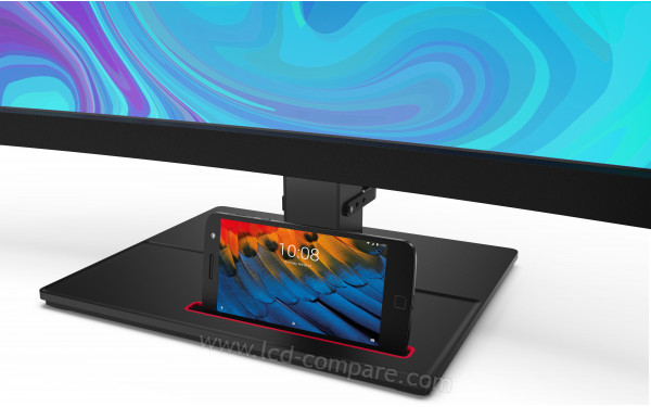 LENOVO ThinkVision T34w-20 - Zoom sur la partie basse avec support pour t&eacute;l&eacute;phone (t&eacute;l&eacute;phone non inclus)