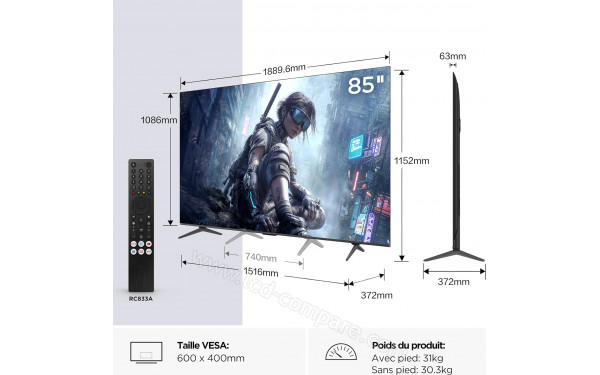 TCL 85T8D - Vue 3/4 droite